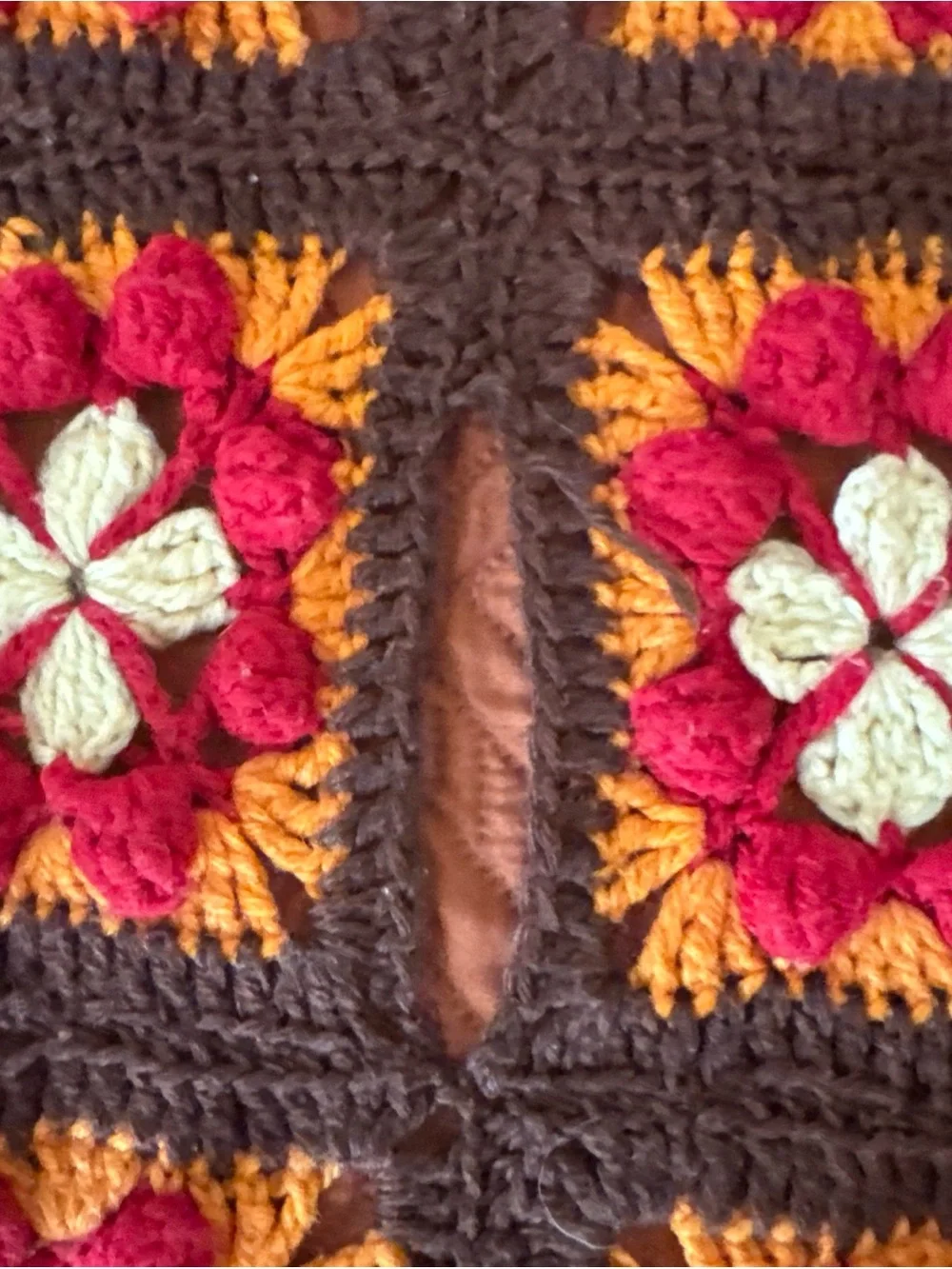 Handmade Crochet Granny Square Afghan Throw 94x51 Floral Brown Red Orange AS-IS